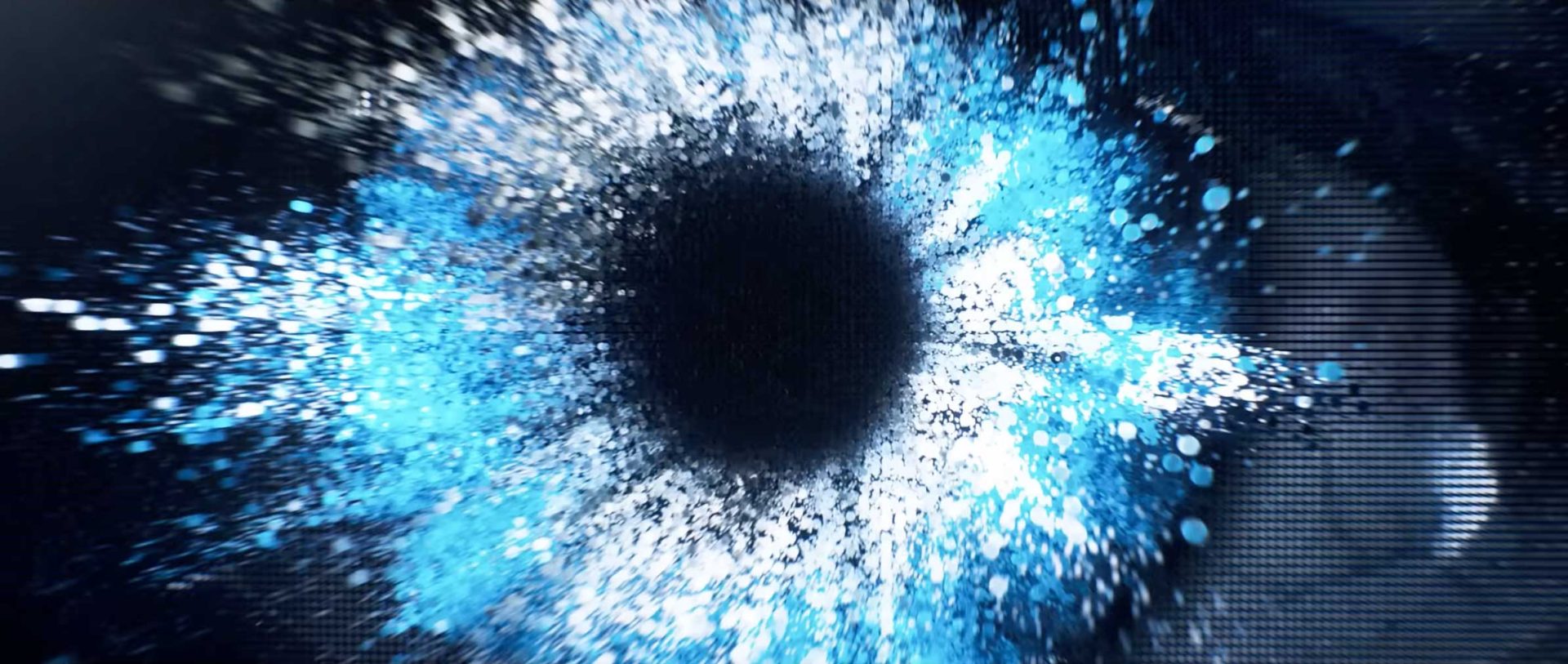 A digital abstract image resembling an eye, with blue, white, and black splashes radiating from a dark center—evoking the vibrant energy of a game title sequence like 007 First Light. Frame from Stash Magazine article.