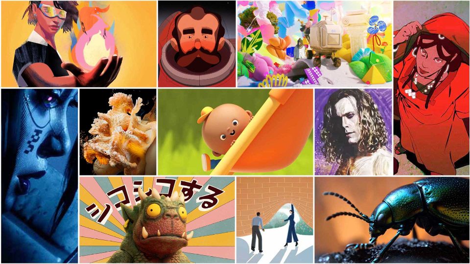 A collage of twelve colorful images from Stash 177, featuring animated characters, abstract art, a beetle, a mushroom, a baby on a swing, people in various artistic styles, and a creature with large eyes and Japanese text. Frame from Stash Magazine article.