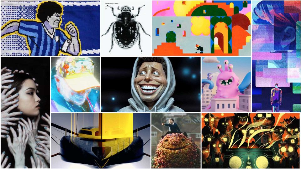 Collage of 12 colorful, surreal, and abstract artworks—featured in the Stash issue 178 preview trailer—including a soccer player, a beetle, digital figures, a smiling cartoon face, hands, a yacht, a person on a roof, and other imaginative scenes. Frame from Stash Magazine article.