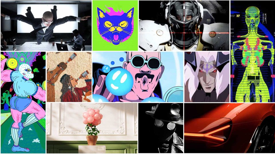 A collage of twelve diverse images featuring people, digital art, a robot, abstract figures, tech elements, flowers in a vase, and a close-up of a red car’s tail light—curated from the acclaimed Stash Permanent Collection and spotlighting creative highlights from the New Issue of Stash 179. Frame from Stash Magazine article.