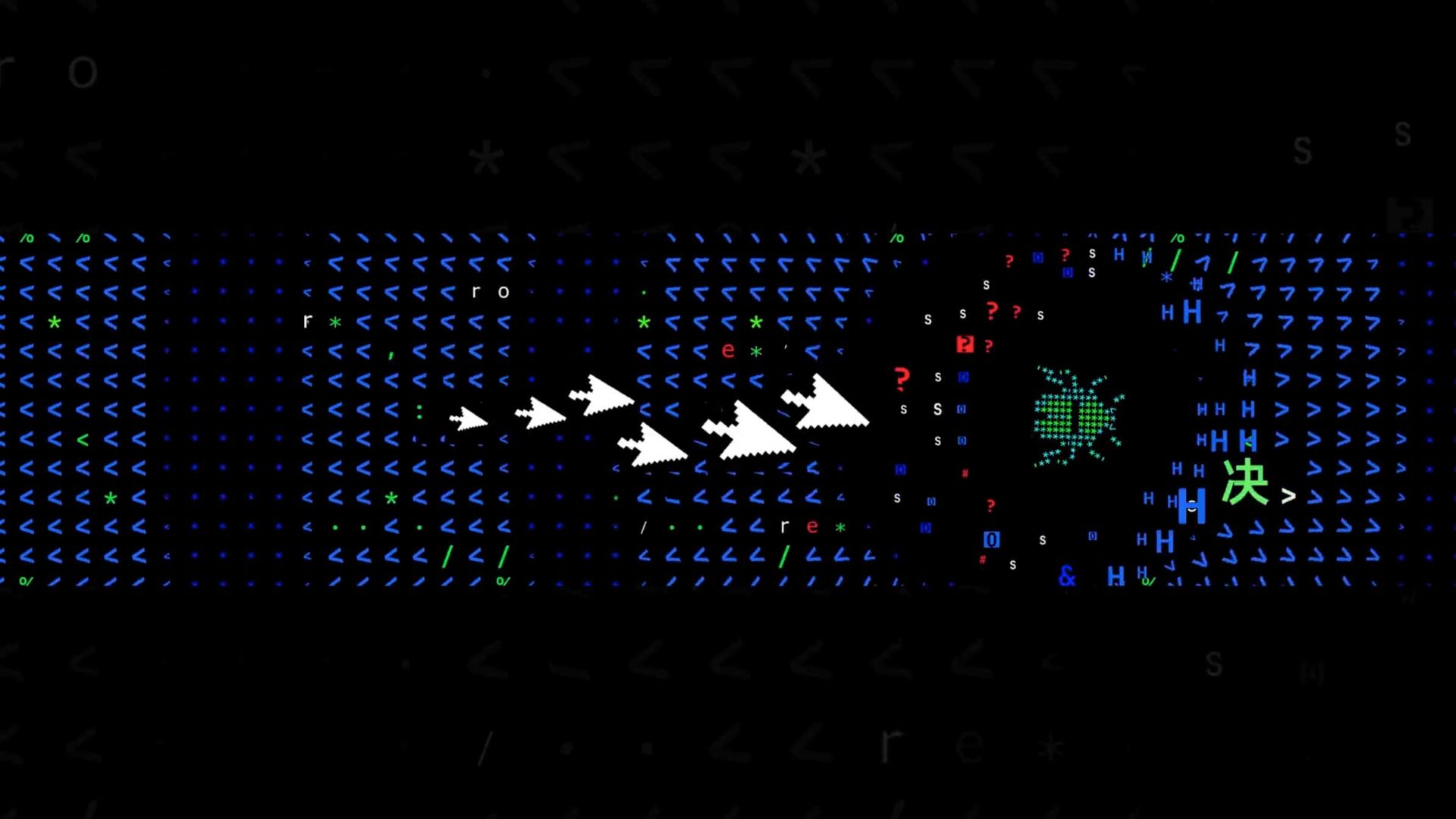 A graphic with white arrows made of ASCII characters pointing toward a green bug-like shape, surrounded by scattered symbols—echoing the digital code vibe of a Flatwhite Motion or RED Hackathon Summit interface. Frame from Stash Magazine article.