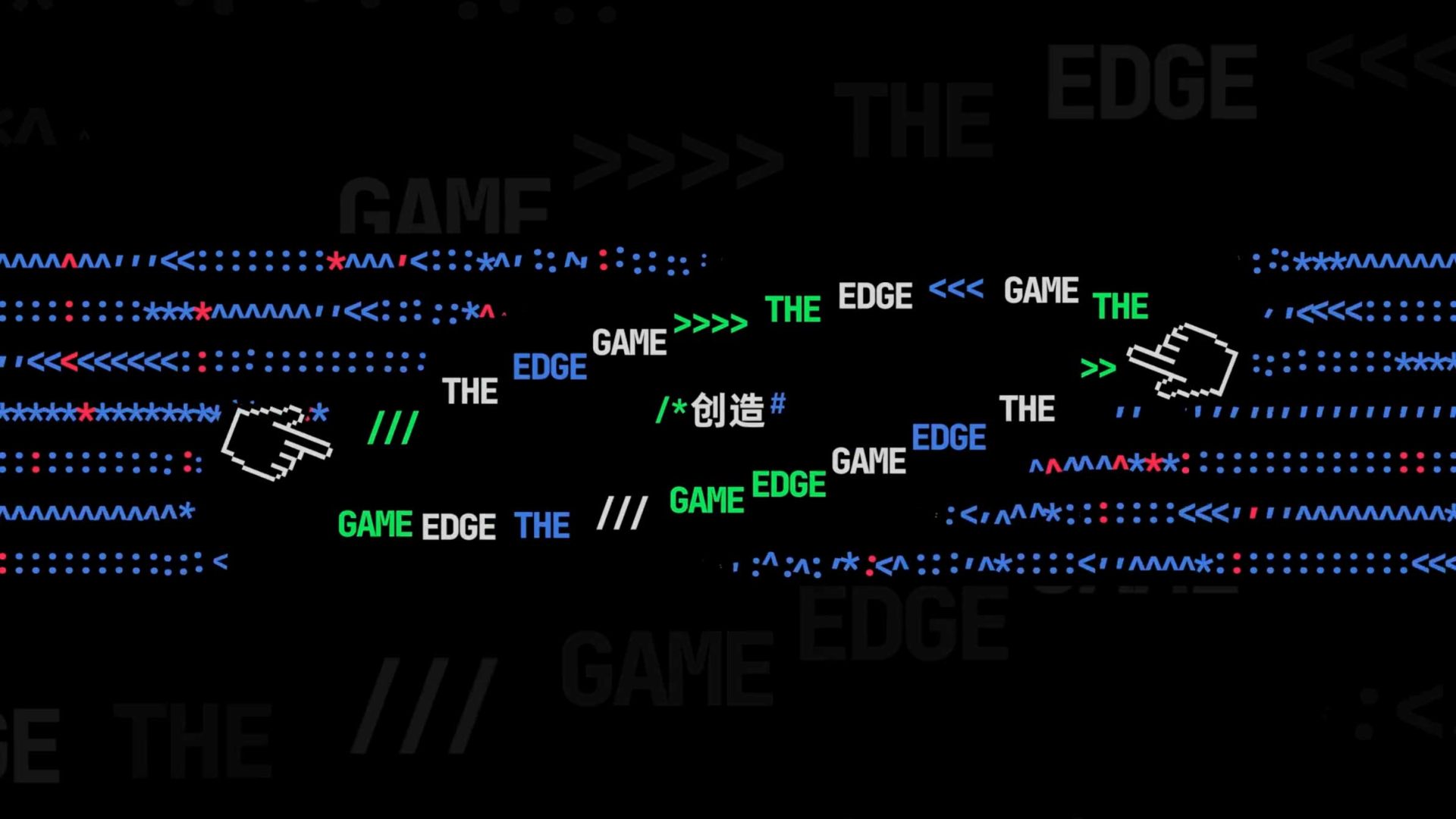 Animated text art on a black background with words like GAME, EDGE, and THE in various colors and styles, plus arrows, slashes, Chinese characters—echoing the dynamic digital pattern of the 2025 RED Hackathon Summit opening animation by Flatwhite Motion. Frame from Stash Magazine article.