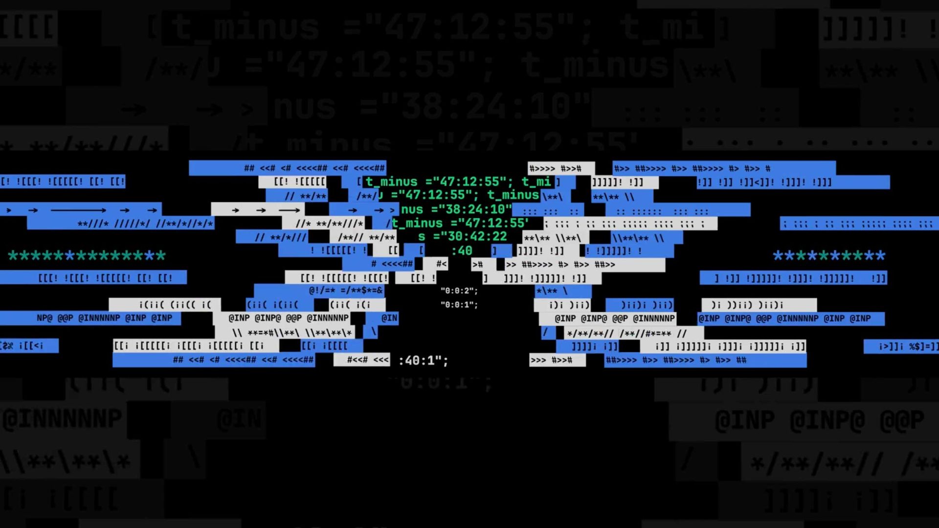 Digital artwork of a butterfly made from blue, white, and green ASCII characters and code symbols on a black background, evoking a pixelated, technological vibe—perfect for showcasing creativity at events like the RED Hackathon Summit. Frame from Stash Magazine article.