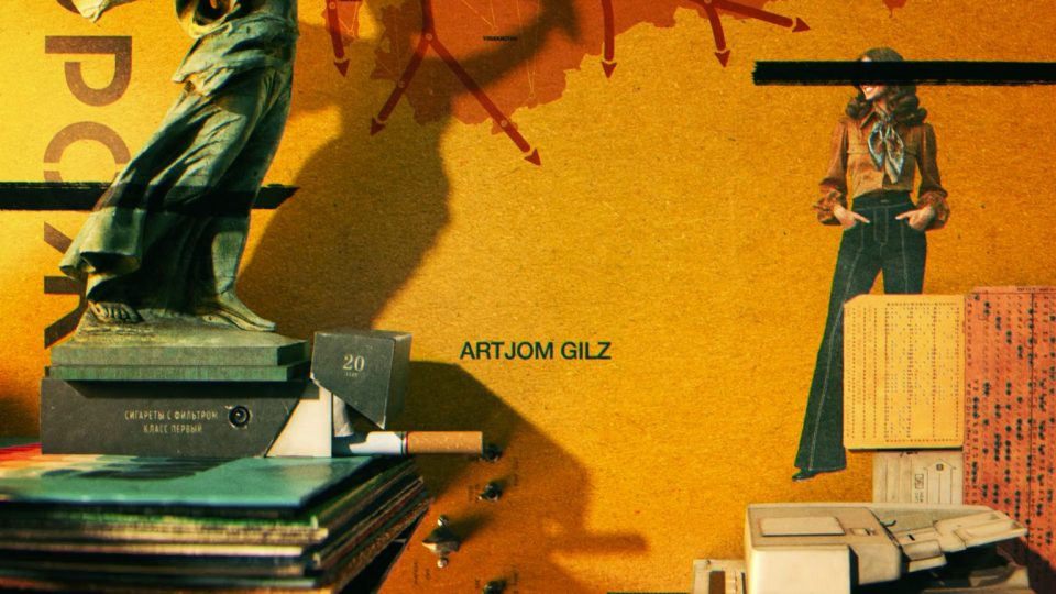 A collage features a statue, stacked books, a cigarette, a cut-out of a woman in retro clothes, text ARTJOM GILZ, and abstract shapes on a yellowish background—evoking the creativity seen in Outstanding Title Design by Emmy Nominees for 2026. Frame from Stash Magazine article.
