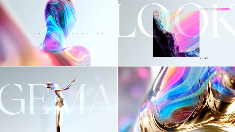 Abstract, colorful, iridescent figures and shapes dazzle in four panels with white text overlays, blending fluid patterns and metallic tones in the 2026 GEMA Awards Title Sequence by Woodwork Amsterdam. Frame from Stash Magazine article.