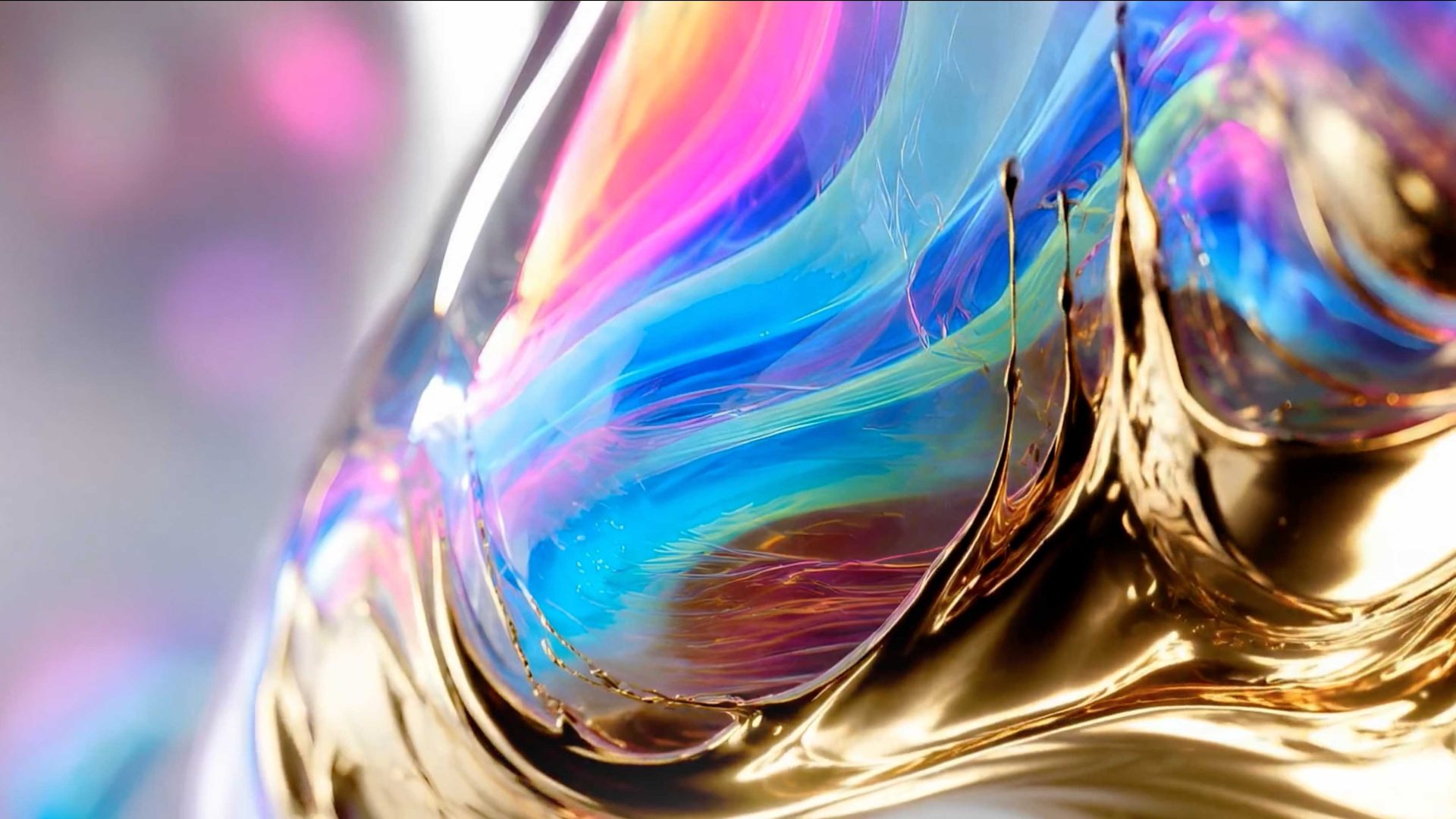 Abstract image featuring swirling, iridescent colors of blue, pink, and gold, creating a fluid, glossy pattern with a metallic sheen—evoking the vibrant energy of the 2026 GEMA Awards. Frame from Stash Magazine article.