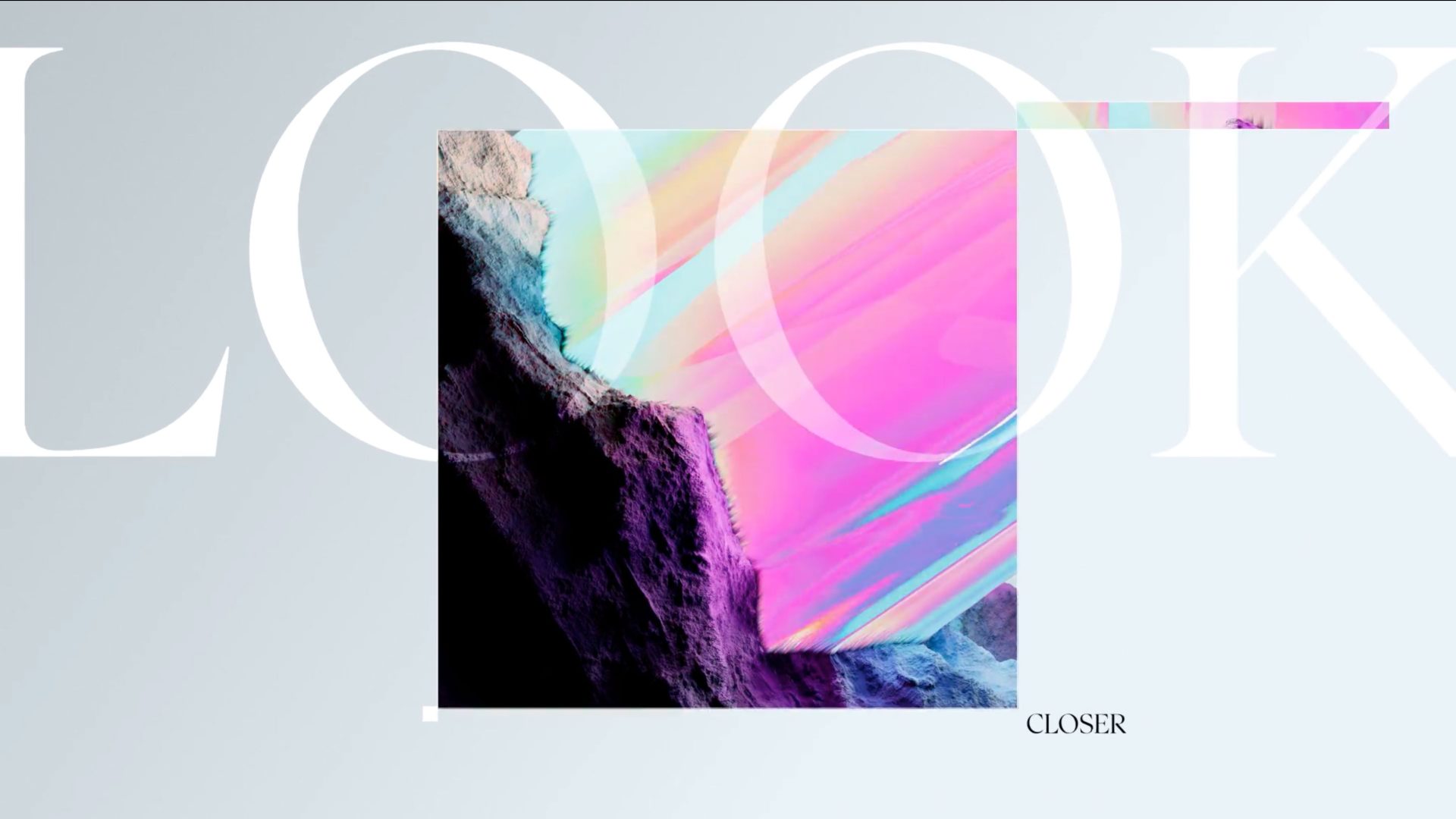 Abstract digital art with a rocky cliff in the foreground, vibrant pink, blue, and yellow skies. Large white letters LOOK appear behind, with CLOSER at the bottom right—perfect for Woodwork Amsterdam or the GEMA Awards 2026. Frame from Stash Magazine article.