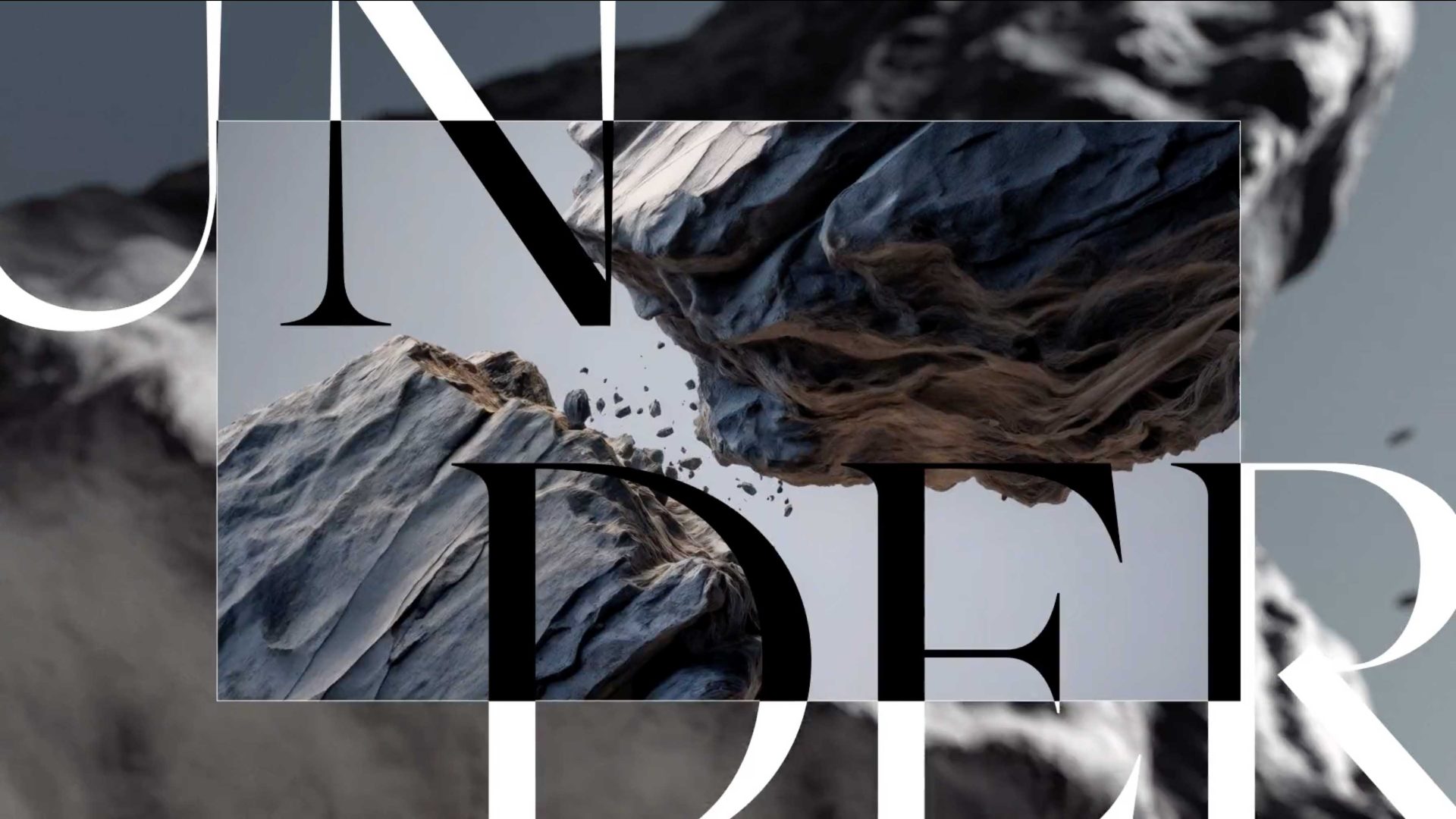 Two jagged rocks collide with debris flying between them. Bold black letters overlay the image, partially spelling out UNDER, referencing the GEMA Awards 2026. Background features a blurred, abstract grayscale rock texture. Frame from Stash Magazine article.