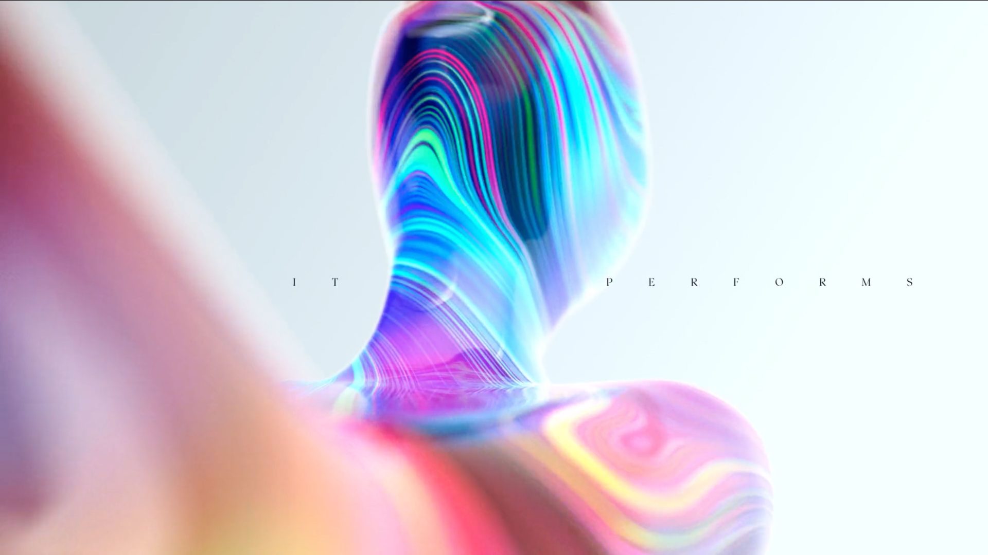 Abstract figure with a smooth, colorful, swirling pattern stands against a light background. Faint text reads IT PERFORMS, echoing the creative spirit of Woodwork Amsterdam and GEMA Awards across the image. Frame from Stash Magazine article.
