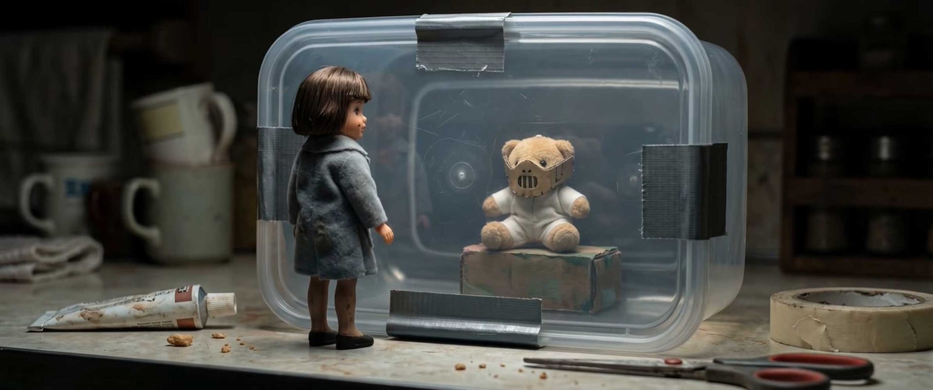 A small doll stands on a table facing a teddy bear inside a plastic container secured with duct tape—a scene that might intrigue any cinephile. The masked teddy bear is surrounded by scissors, masking tape, paint, and kitchen items. Frame from Stash Magazine article.
