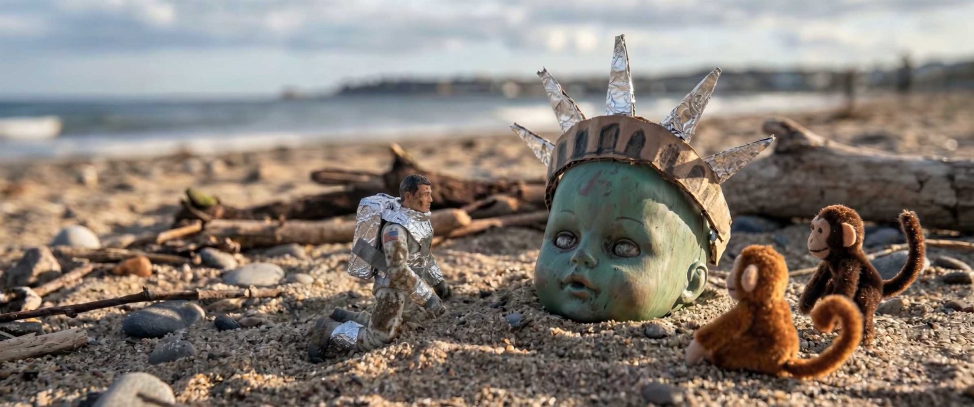 A toy astronaut, a doll head wearing a Statue of Liberty crown, and two toy monkeys are arranged cinephile-style on a sandy beach with driftwood and pebbles, the ocean evoking scenes worthy of the Young Director Awards in the background. Frame from Stash Magazine article.