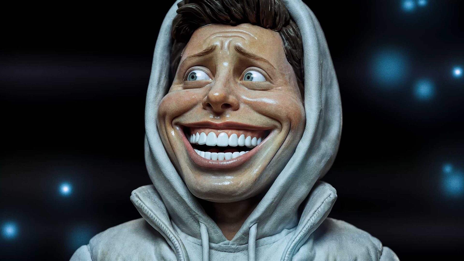 A 3D caricature of a smiling man in a gray hoodie with exaggerated large teeth, wide eyes, and shiny skin, set against a dark background with glowing blue spots—a perfect fit for the Synthetic Satire style of Bunker Boyz. Frame from Stash Magazine article.