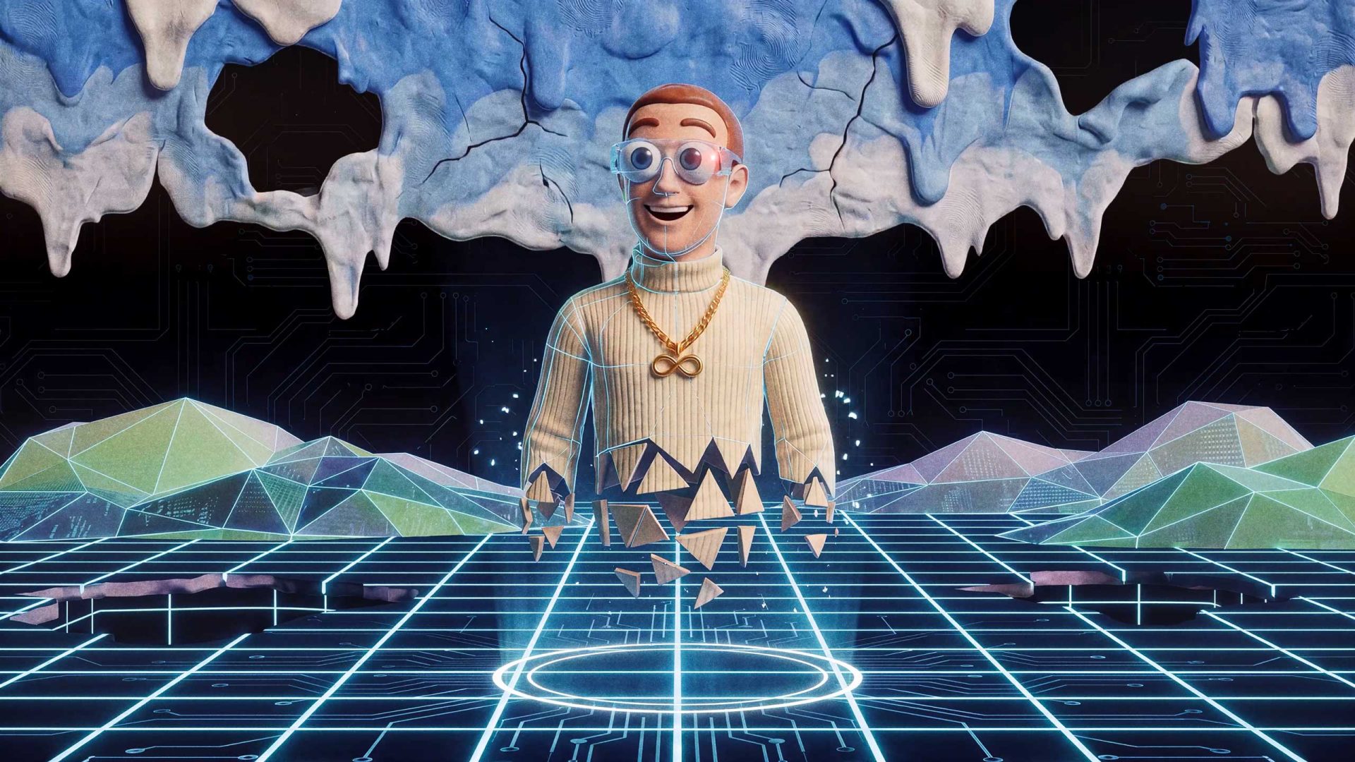 A cartoon-style man with glasses, a gold infinity necklace, and a cream sweater stands in a digital, grid-like landscape with futuristic mountains and melting clouds above, giving off a surreal, Synthetic Satire virtual reality effect. Frame from Stash Magazine article.