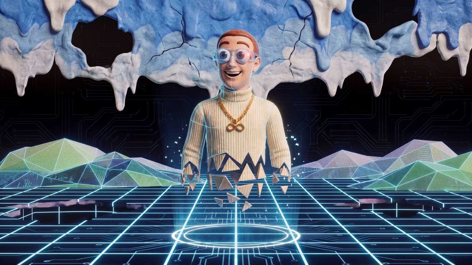 A cartoon man with glasses and gold chains stands on a glowing digital grid, his lower body breaking into triangles—capturing the surreal vibe of the "Bunker Boyz" music video by Private Island, with geometric mountains and a melting, cloud-like sky behind him. Frame from Stash Magazine article.