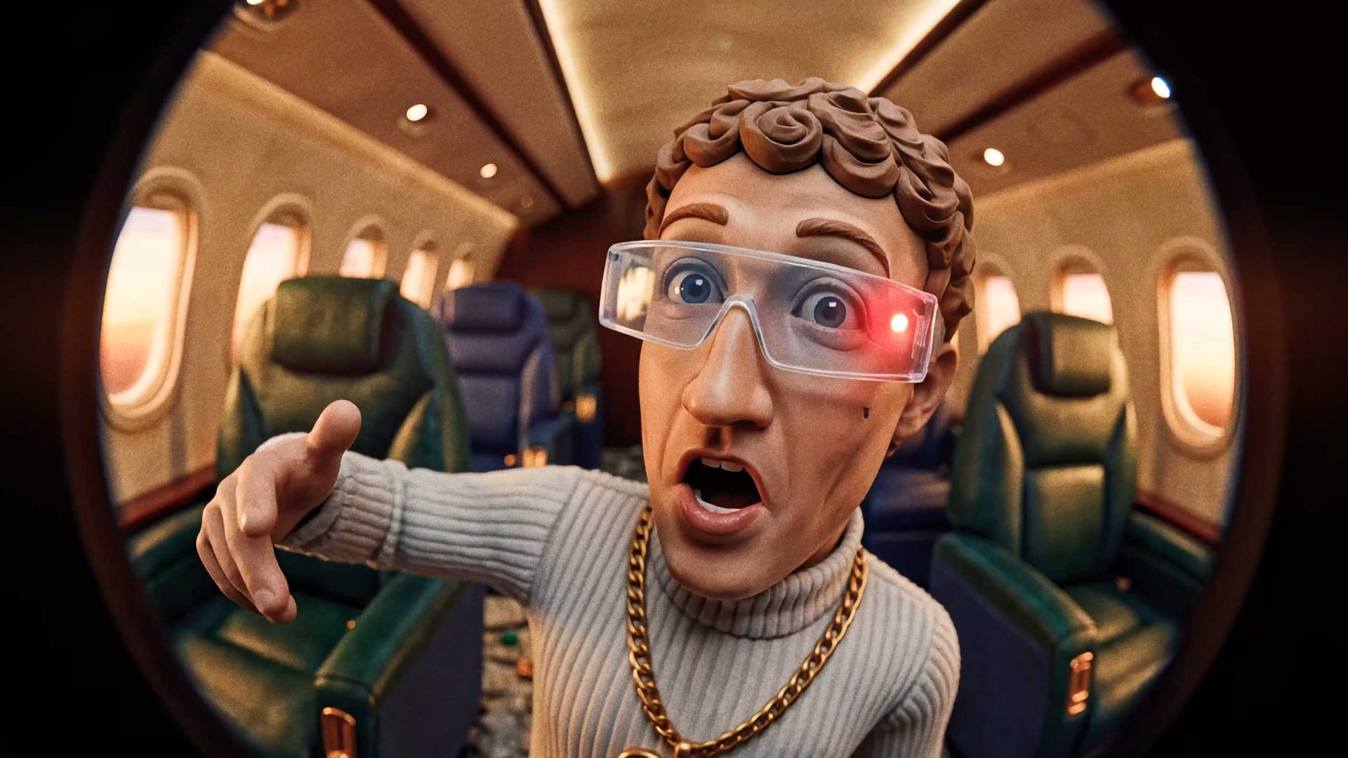 A 3D animated character with curly hair, wearing smart glasses with a glowing red light, a gold chain, and a sweater, gestures dramatically inside a luxurious private jet cabin—channeling the energy of the "Bunker Boyz" music video by Private Island. Frame from Stash Magazine article.