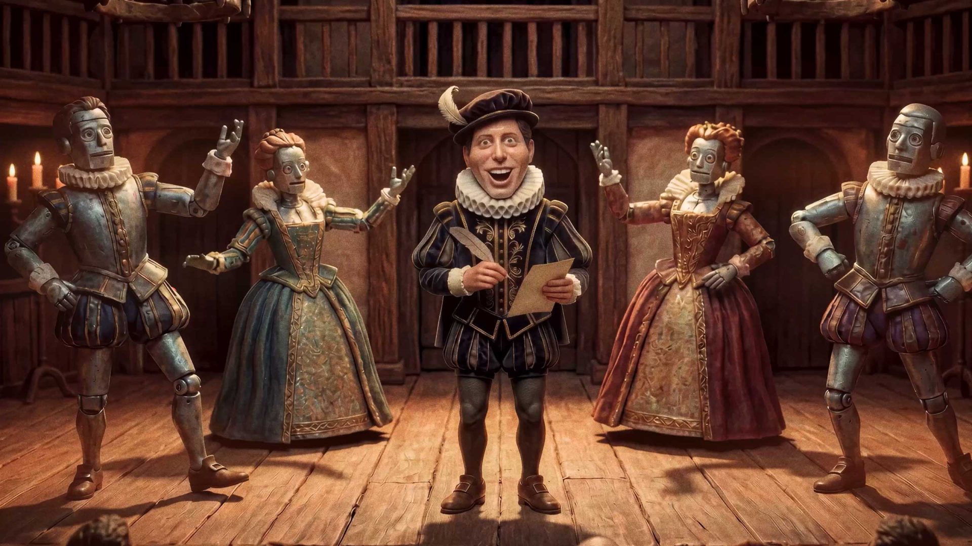 A cheerful man in a Renaissance outfit stands on stage holding papers, surrounded by four robot actors in period costumes, delivering Synthetic Satire against a wooden theater backdrop and warm lighting. Frame from Stash Magazine article.