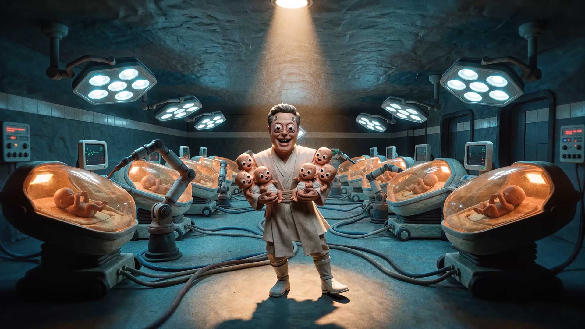 A cartoonish man in a lab coat stands smiling under a spotlight, holding five babies. Around him, futuristic pods labeled "Bunker Boyz" each hold a baby, with tubes and monitors in a dim, high-tech lab setting—a scene of synthetic satire. Frame from Stash Magazine article.