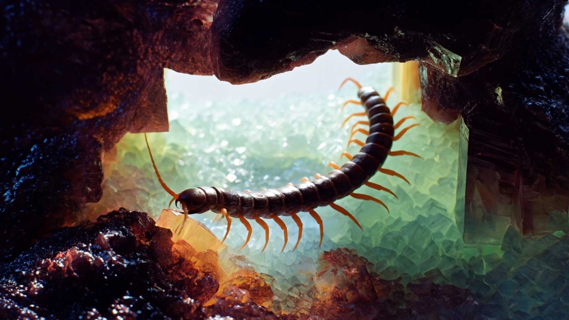 A centipede with orange legs crawls through a rocky cave opening, surrounded by green and amber crystals that shimmer in the light, in this Beeldmotion EXO AI-Generated Title Sequence. Frame from Stash Magazine article.