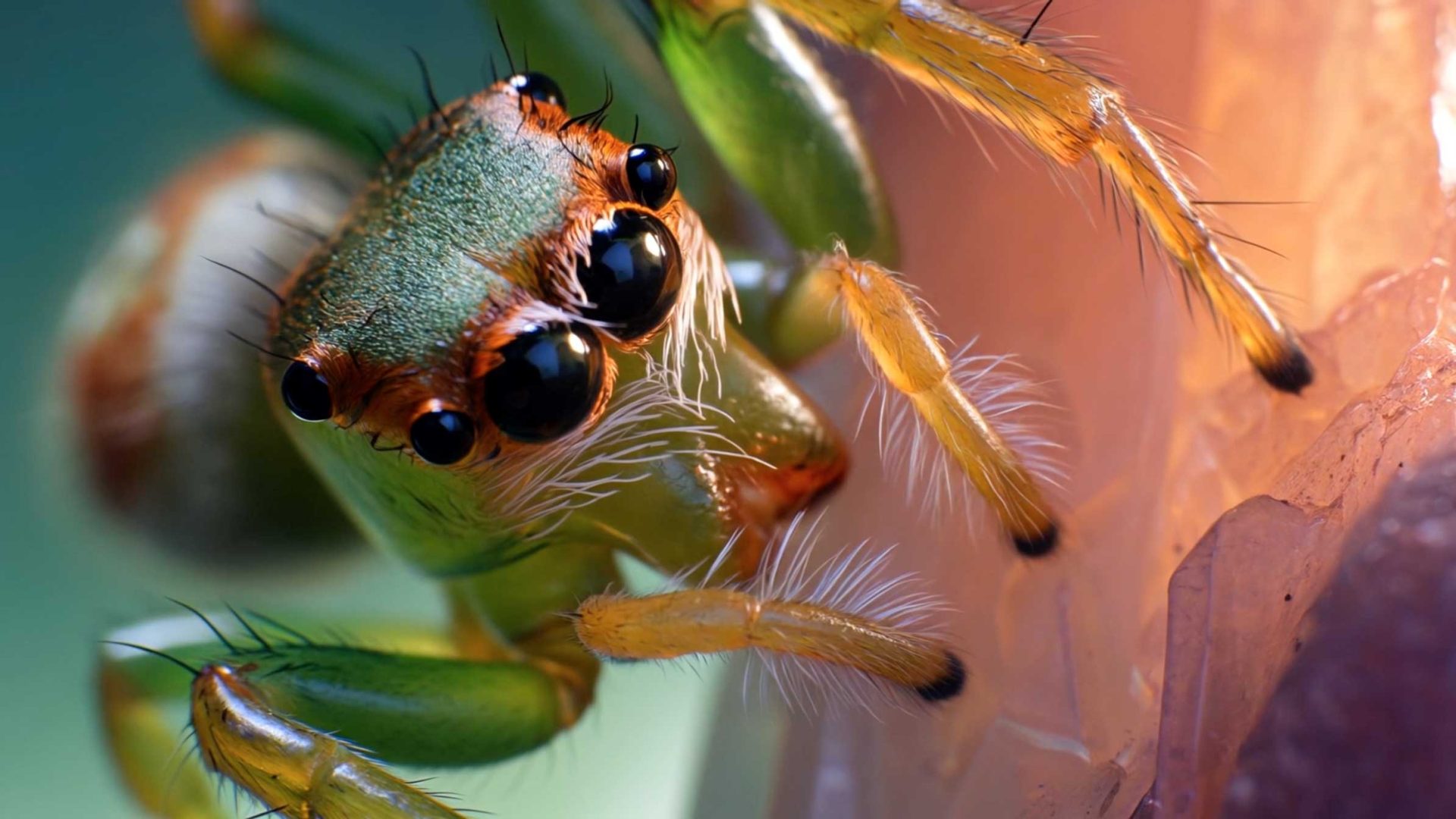 Close-up of a green jumping spider with large black eyes and hairy legs, perched on a translucent pinkish surface, inspired by Beeldmotion's EXO in an AI-Generated Title Sequence. Frame from Stash Magazine article.