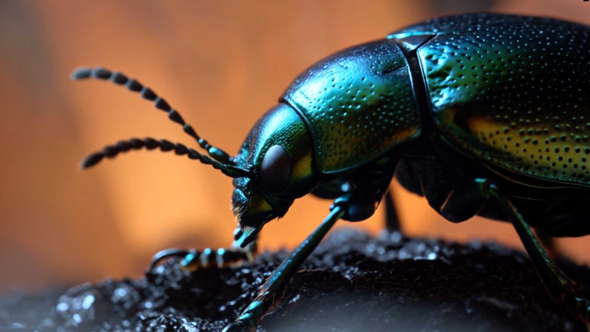 Close-up of a shiny black and green beetle with textured body and long antennae, captured in an EXO AI-Generated Title Sequence, standing on dark soil against a soft orange-brown blurred background. Frame from Stash Magazine article.