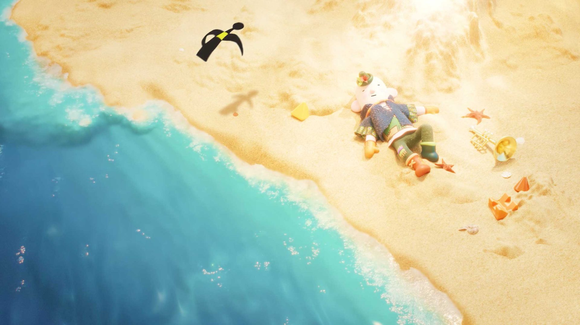 A cartoon dog lies on a sandy beach near the shore, wearing summer clothes and a hat. Inspired by The Pursuit of Magic, this Art&Graft scene includes a black bird flying overhead, beach toys, and bright blue ocean water. Frame from Stash Magazine article.