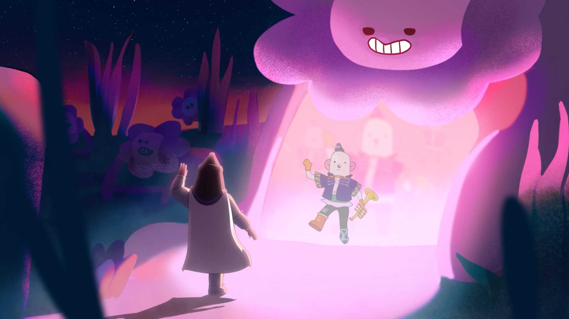 A person in a cloak waves at a smiling cloud that glows with pink light. In The Pursuit of Magic, a cheerful character holding trumpets steps out of the cloud. Stylized plants and more faces appear in the dusk-lit background. Frame from Stash Magazine article.