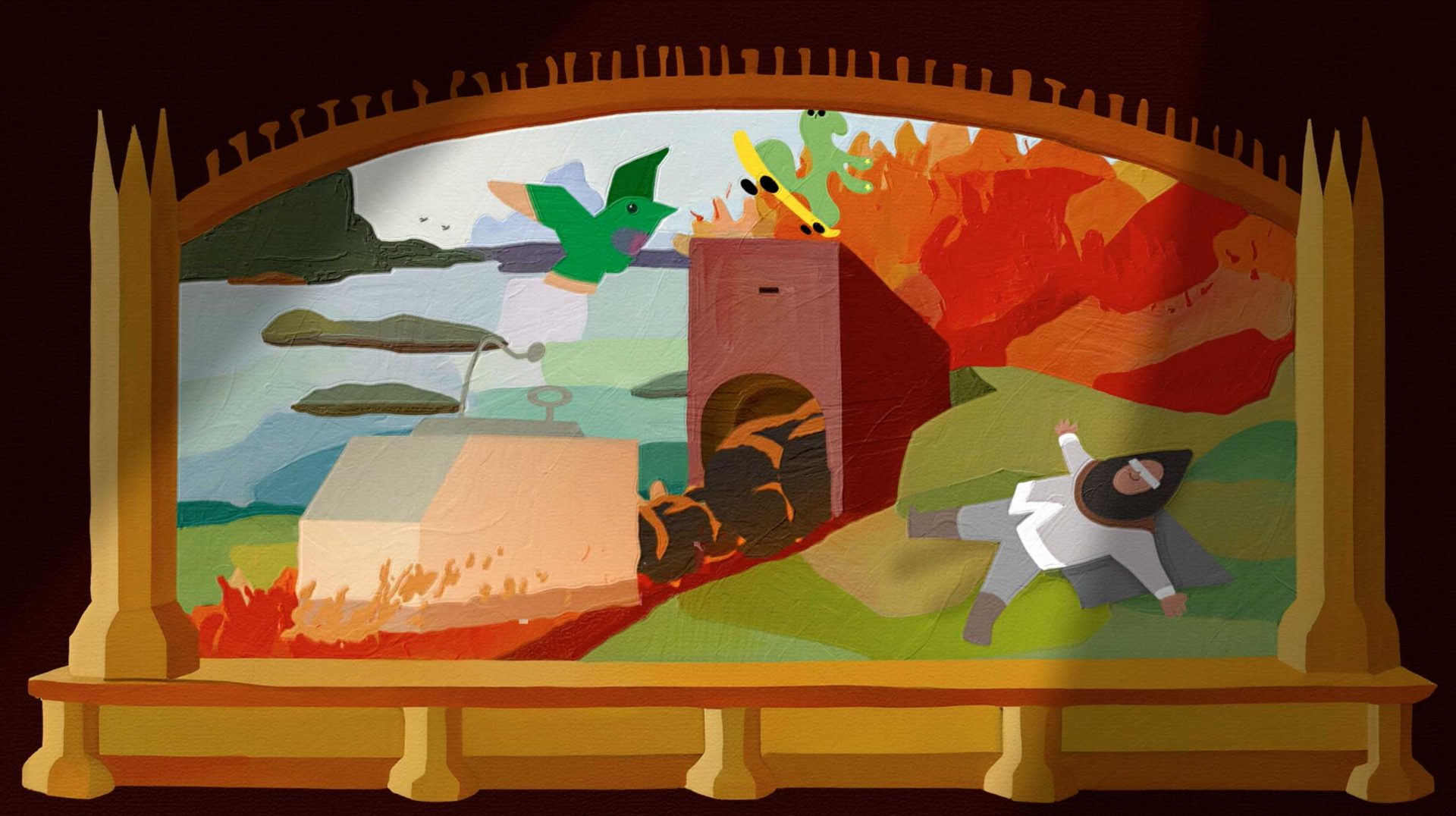 A stylized, painted scene framed by an arch evokes The Pursuit of Magic; a bird soars near a castle tower, a person lies on a green hill beside a blazing orange fire, and a river flows under the cloudy sky. Inspired by Art&Graft’s Short Film style. Frame from Stash Magazine article.