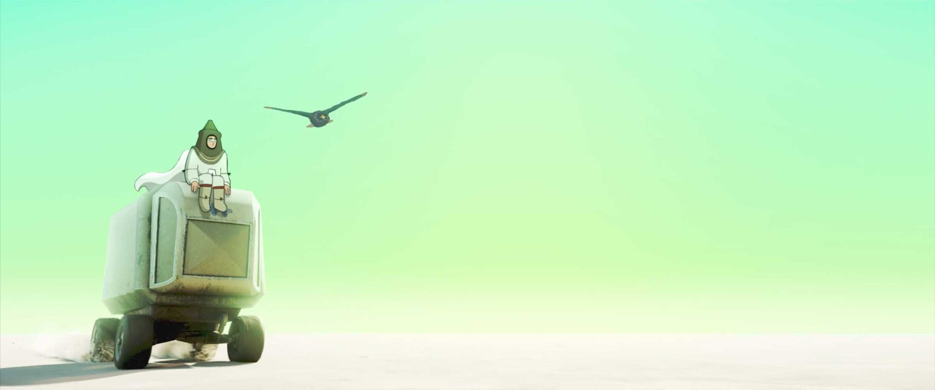A person in a hooded cloak sits atop a boxy vehicle in a vast, empty landscape under a green sky, while a bird flies nearby—capturing the surreal essence of an Art&Graft short film, The Pursuit of Magic. Frame from Stash Magazine article.