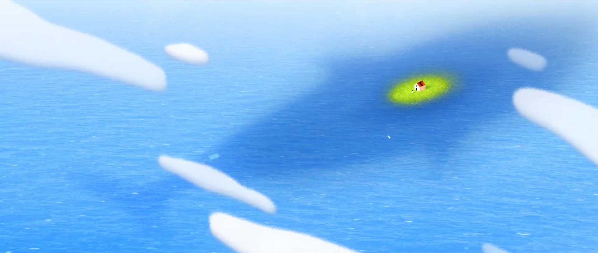 A small house sits on a bright green patch in the ocean, surrounded by clouds and the large shadow of a whale swimming beneath the water—an evocative scene from Chen Wu's short film Leave The Island. Frame from Stash Magazine article.