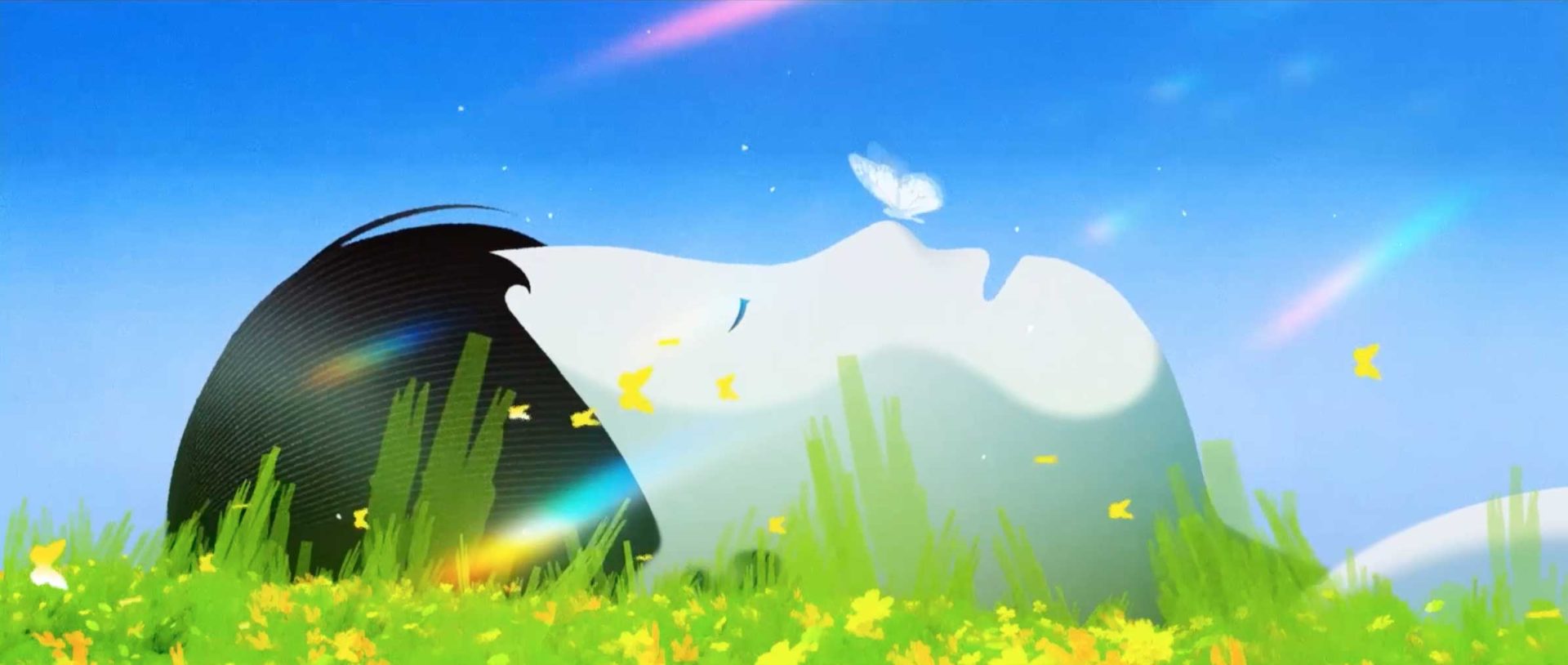 An illustrated person lies in a meadow with green grass and yellow flowers, looking peaceful under a blue sky. Inspired by Chen Wu’s short film "Leave The Island," butterflies and light streaks float around as a white butterfly gently rests on their nose. Frame from Stash Magazine article.
