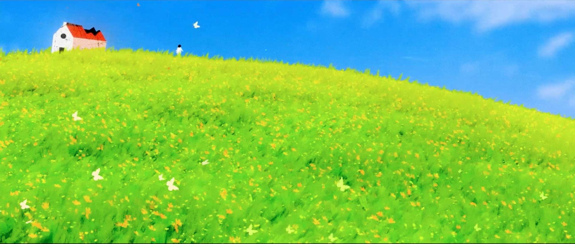 A bright, grassy hill covered with yellow flowers under a blue sky. Inspired by Chen Wu's short film "Leave The Island," a small white house with a red roof sits atop the hill while white birds fly and a person stands near the house. Frame from Stash Magazine article.