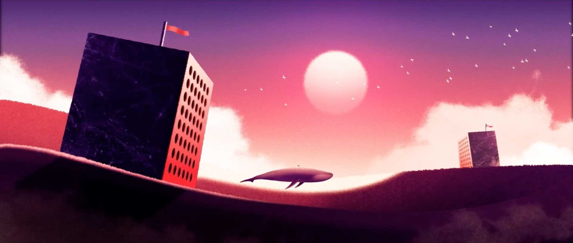 A surreal landscape inspired by Chen Wu's "Leave The Island": two buildings on red hills fly flags, while a whale floats above under a pink sky with a glowing sun and scattered birds, as if from a dreamlike short film. Frame from Stash Magazine article.
