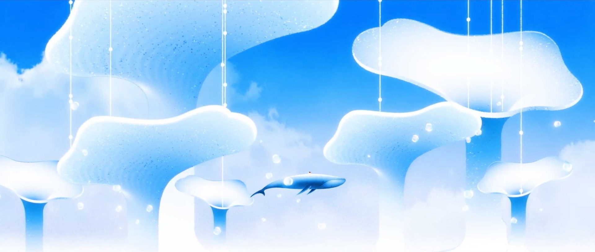A blue whale swims among floating, cloud-like shapes and drifting light orbs in a surreal, blue sky, evoking the dreamy, fantastical world of Chen Wu’s short film “Leave The Island.”. Frame from Stash Magazine article.
