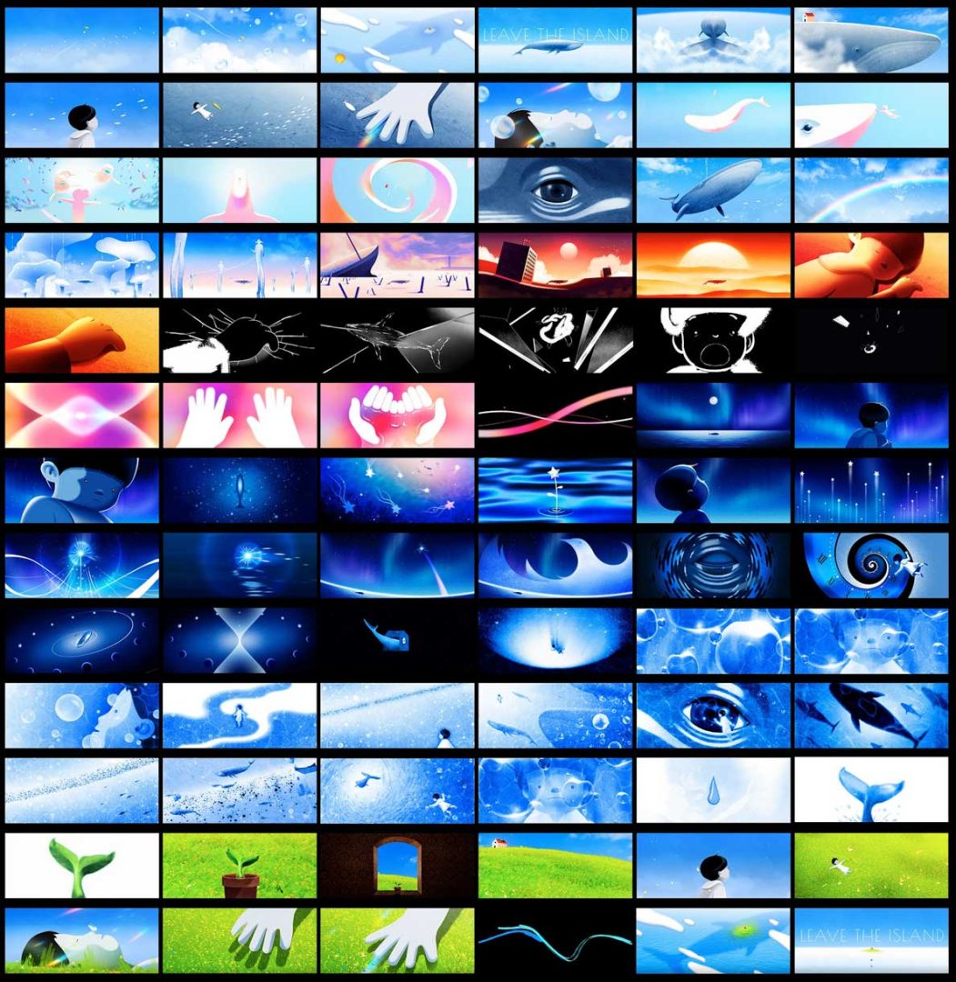 A grid of 64 colorful, surreal illustrations inspired by "Leave The Island" Short Film by Chen, blending blue, white, and green tones with abstract hands, nature, animals, outer space, water, eyes, and dreamlike gradients. Frame from Stash Magazine article.