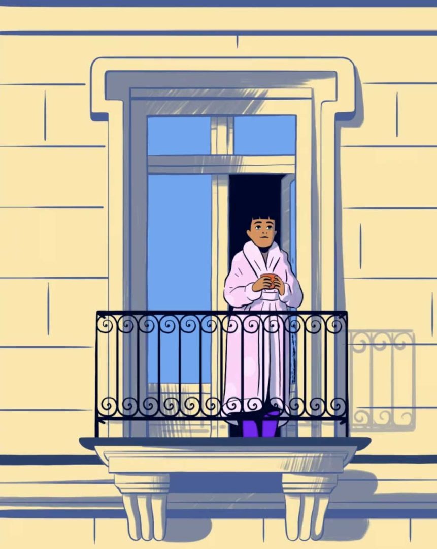 A person in a pink robe stands on a small balcony in Nantes, holding a cup, looking out from an open window of a beige building with decorative railings as sunlight casts shadows, capturing the warmth of home. Frame from Stash Magazine article.
