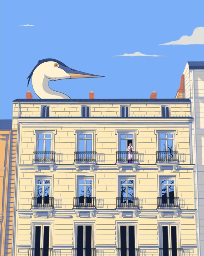 A giant heron stands on the roof of a beige apartment building in Nantes, towering over the structure. A person in a white shirt gazes up from the balcony, capturing both awe and the warmth of home beneath a blue sky with soft clouds. Frame from Stash Magazine article.