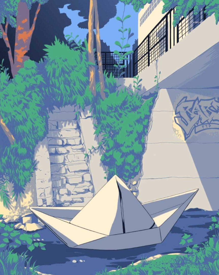A large paper boat floats in a shallow stream beneath a graffiti-covered bridge, sunlight filtering through trees—a scene reminiscent of the "Nantes" animated short film by Nelly Michenaud at Studio Orca. Frame from Stash Magazine article.