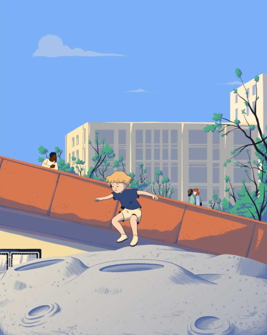 A child with blonde hair and bare feet leaps off a sandy mound in a Nantes playground, while other children play on a sloped wall nearby. Tall buildings and trees rise in the background beneath the blue sky—photographed by Nelly Michenaud. Frame from Stash Magazine article.