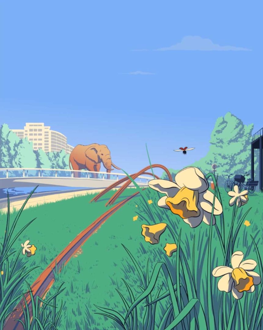 A digital illustration of a grassy park with yellow and white flowers, a large orange elephant on a path, and buildings in the background under a clear blue sky—evoking the whimsical style of "Nantes" animated short film by Nelly Michenaud at Studio Orca. Frame from Stash Magazine article.