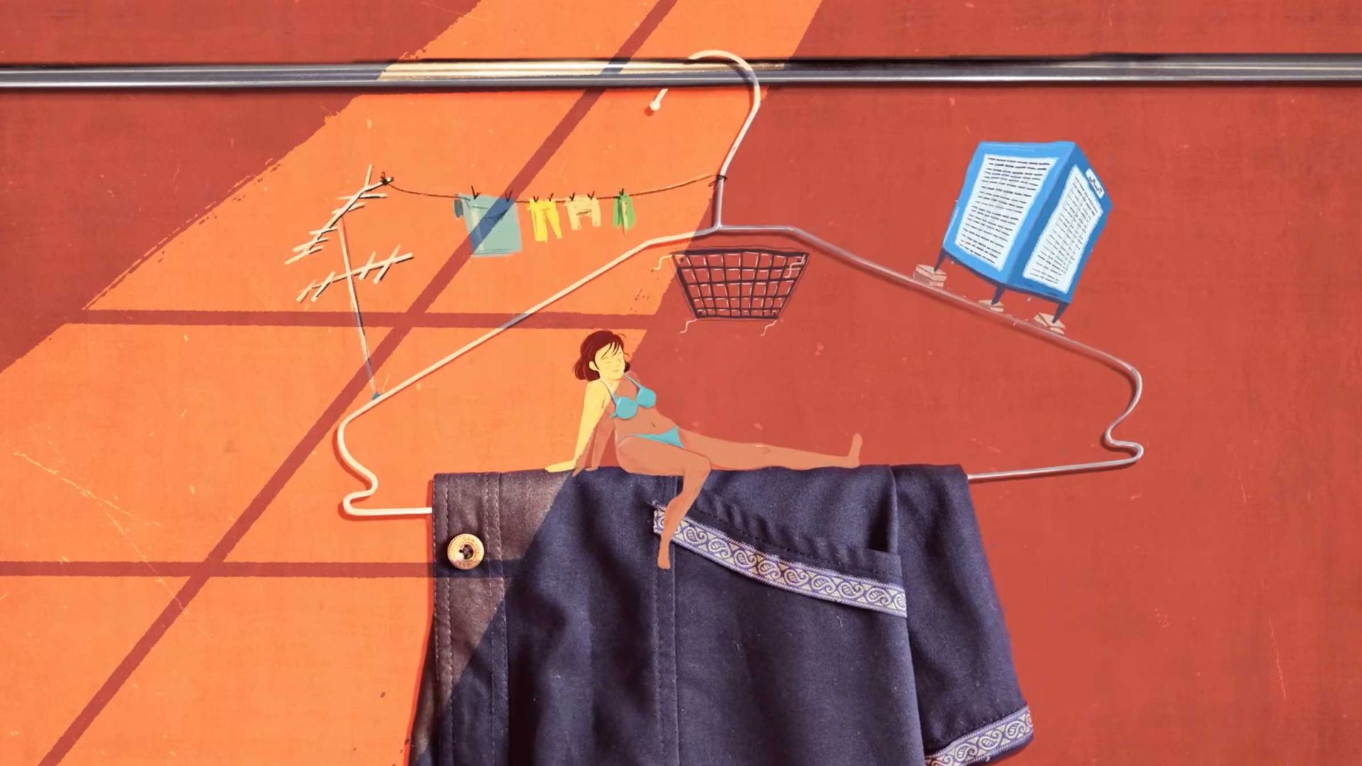 A creative illustration by Yegane Moghaddam features a wire hanger on a rod with a shirt draped over it. Titled "Our Uniform," it shows a woman in swimwear lounging, with a small laundry line, basket, and book resting on the corners against a red background. Frame from Stash Magazine article.
