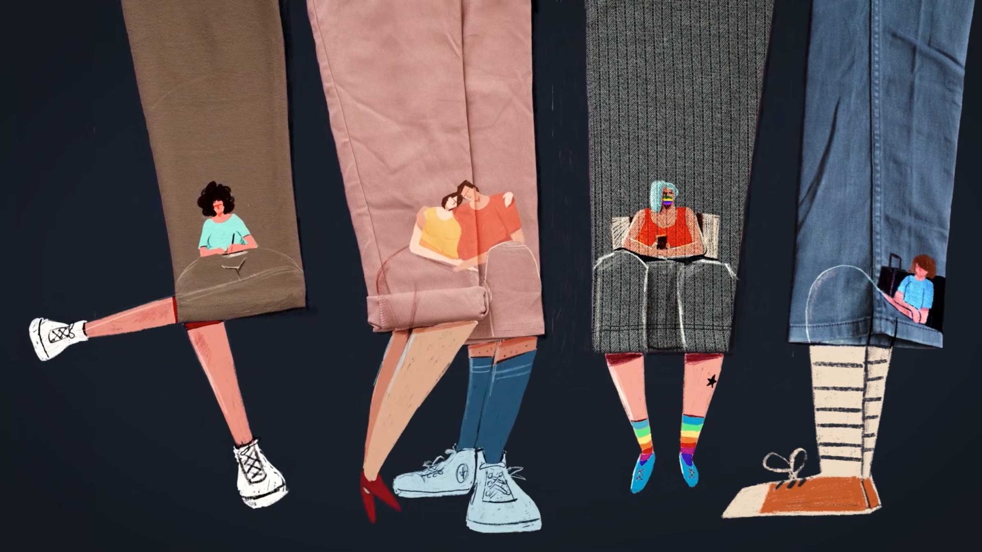 Illustration of five pairs of legs wearing different pants and shoes, each with a small, seated person reading or using a device within the fabric or folds—evoking the layered storytelling in "Our Uniform" short film by Yegane Moghaddam. Dark blue background. Frame from Stash Magazine article.