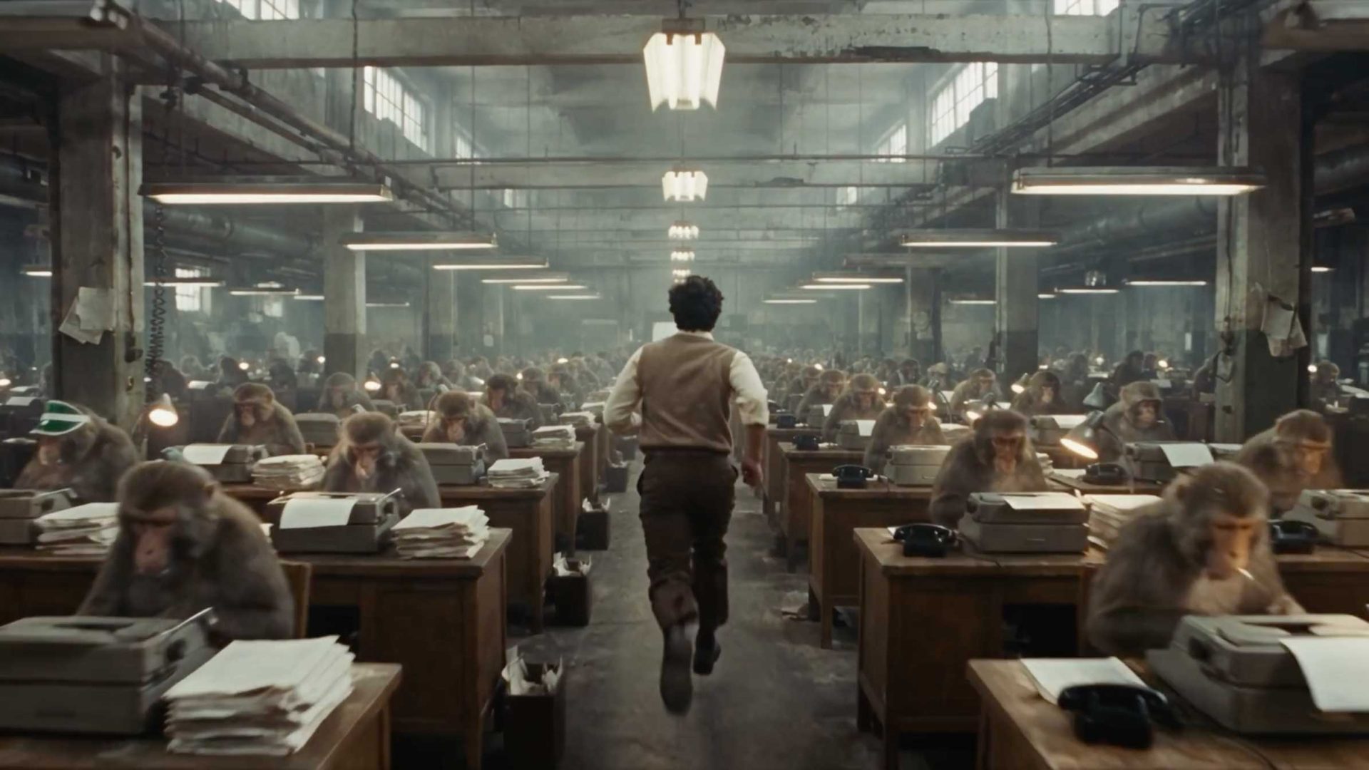 A man in a vest runs down the center aisle of a factory filled with desks where monkeys are typing on typewriters, a scene from the short film Query by Brent Bonacorso. Frame from Stash Magazine article.
