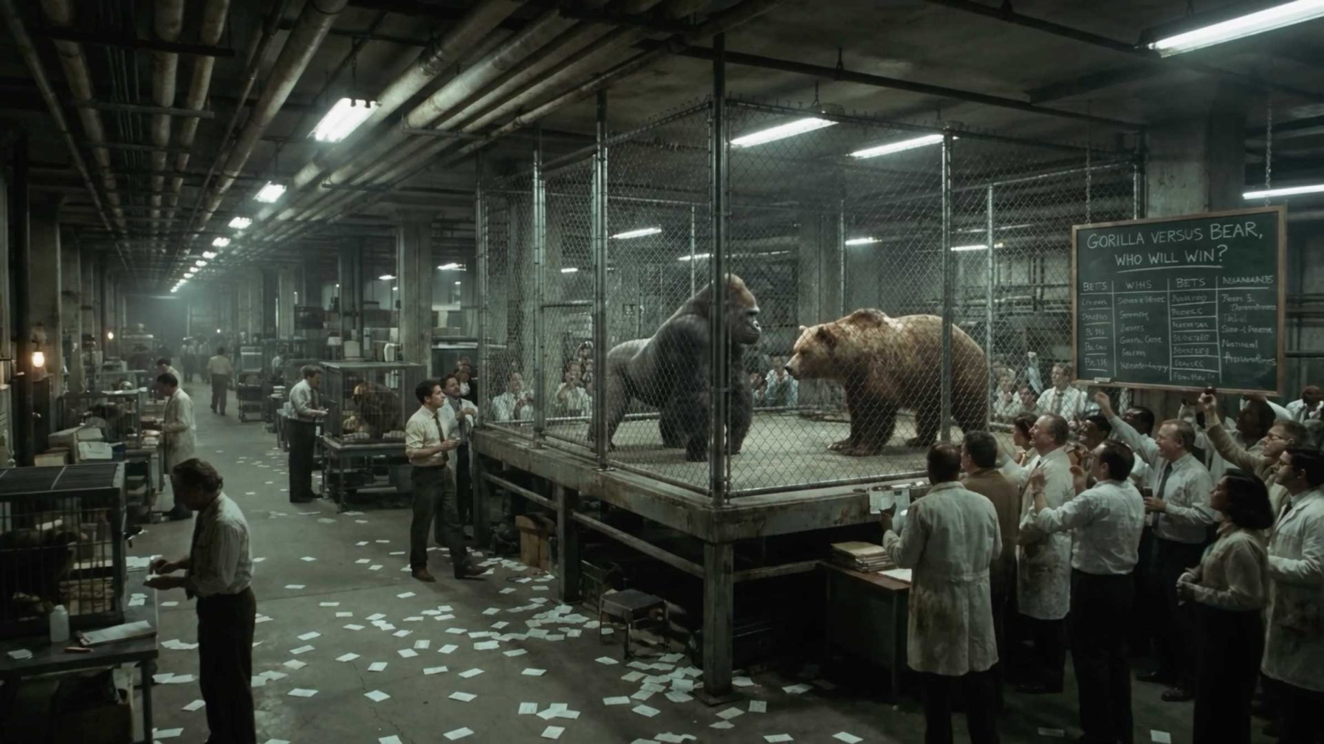A gorilla and a bear face each other inside a laboratory wire cage in the short film Query by Brent Bonacorso, while researchers monitor betting tallies written on a chalkboard titled Gorilla versus Bear, who will win?. Frame from Stash Magazine article.
