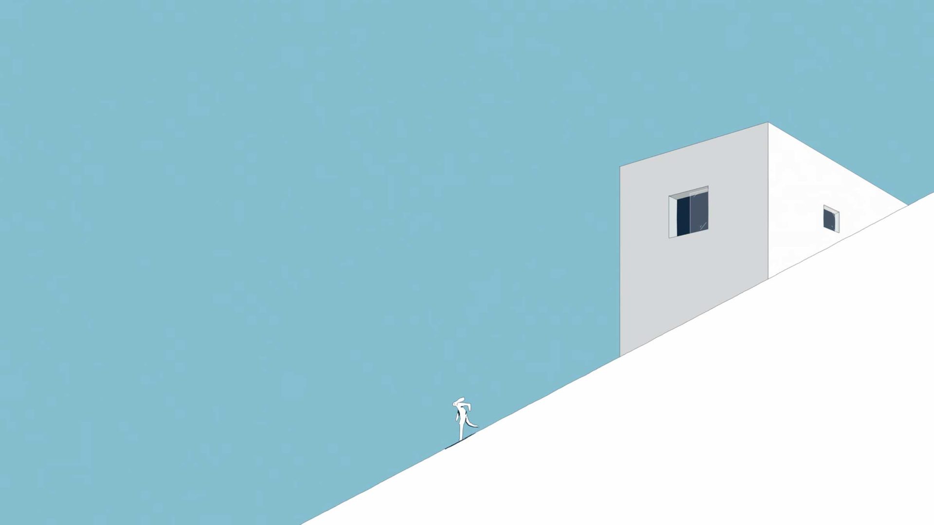 A small figure climbs a steep, white slope towards a minimalist white building beneath a clear blue sky. This COLA animation scene by Telsche is simple and sparse, beautifully capturing solitude and the essence of a journey in short film form. Frame from Stash Magazine article.