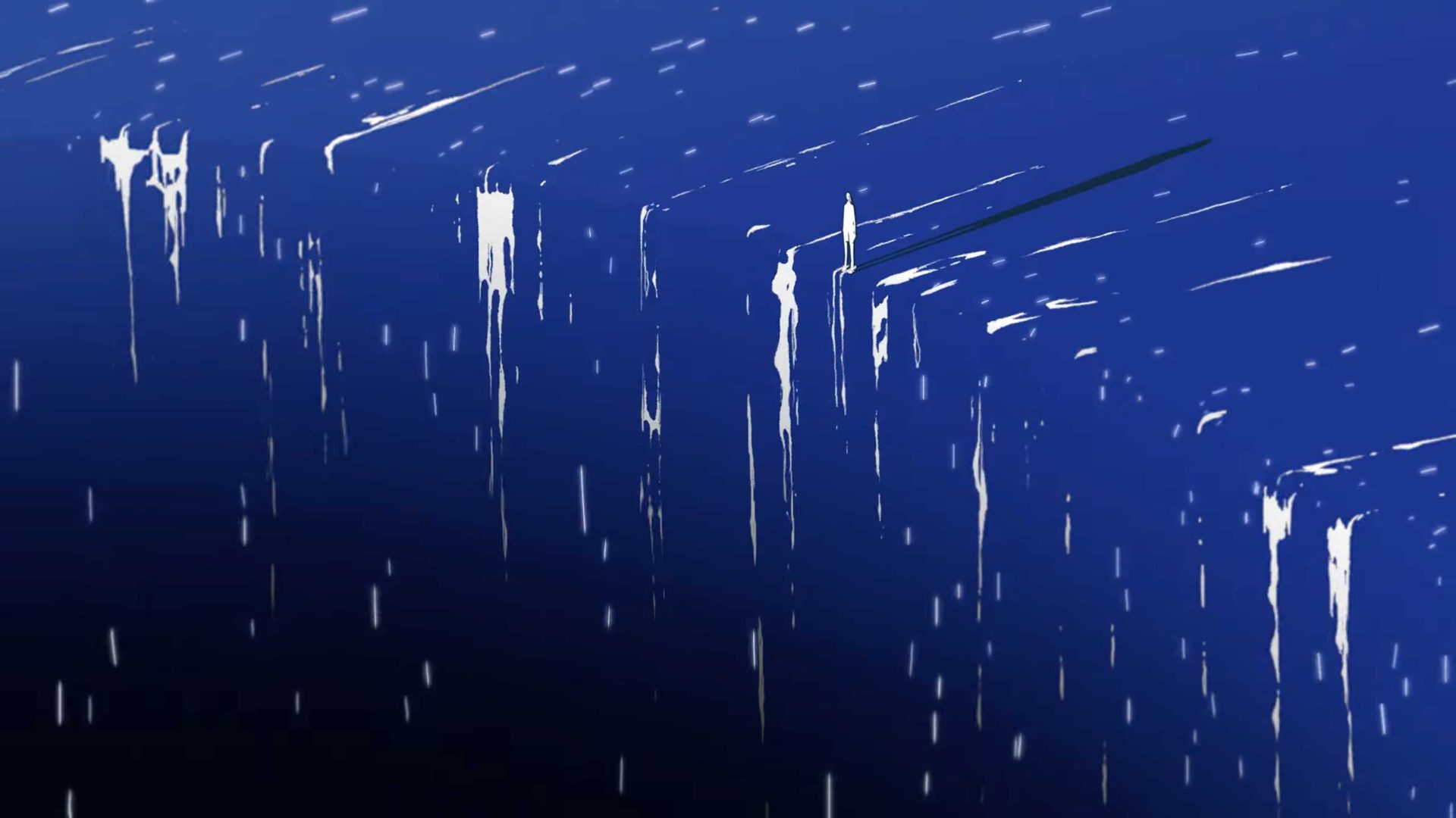 White streaks resembling rain or paint drips fall vertically against a dark blue background, creating an abstract and dramatic visual effect reminiscent of a COLA animation in a Telsche short film. Frame from Stash Magazine article.