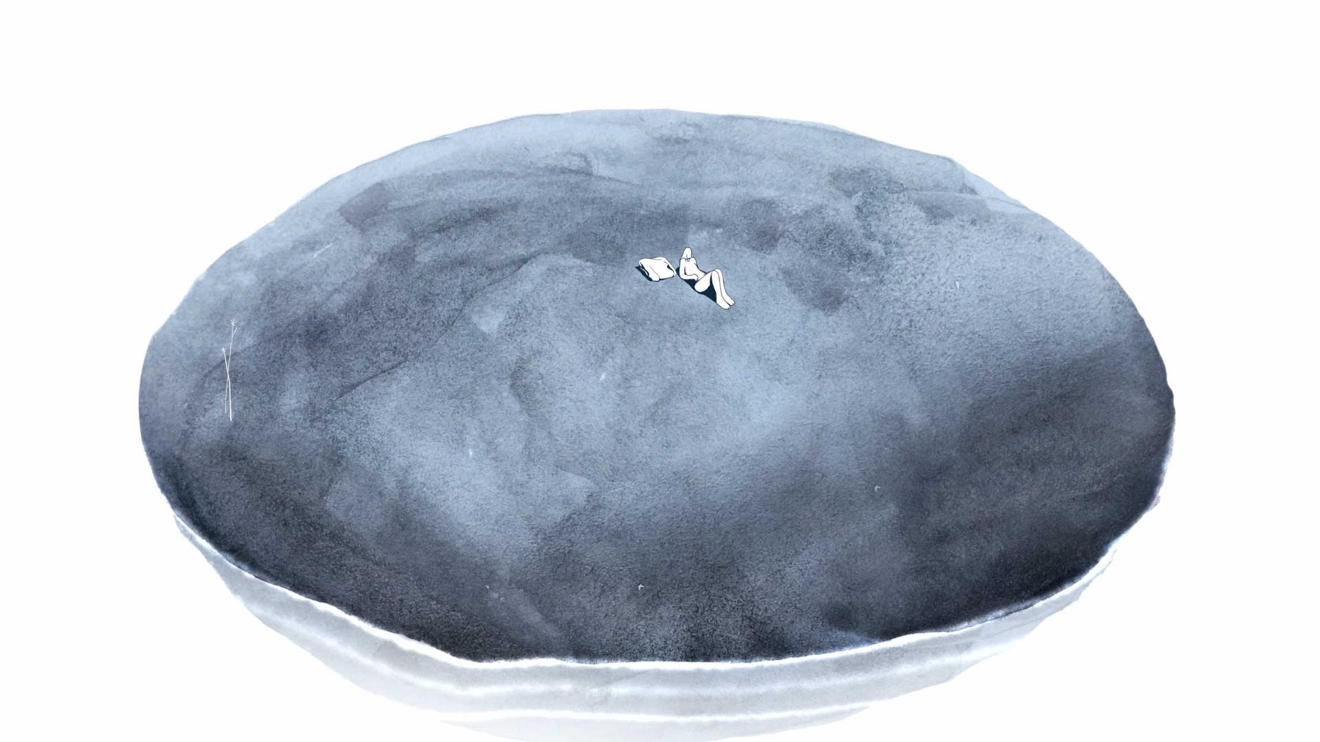 A large, smooth, dark gray stone with three tiny, crumpled pieces of white paper resting on its surface, set against a white background—a striking still from the COLA animation short film "Telsche. Frame from Stash Magazine article.