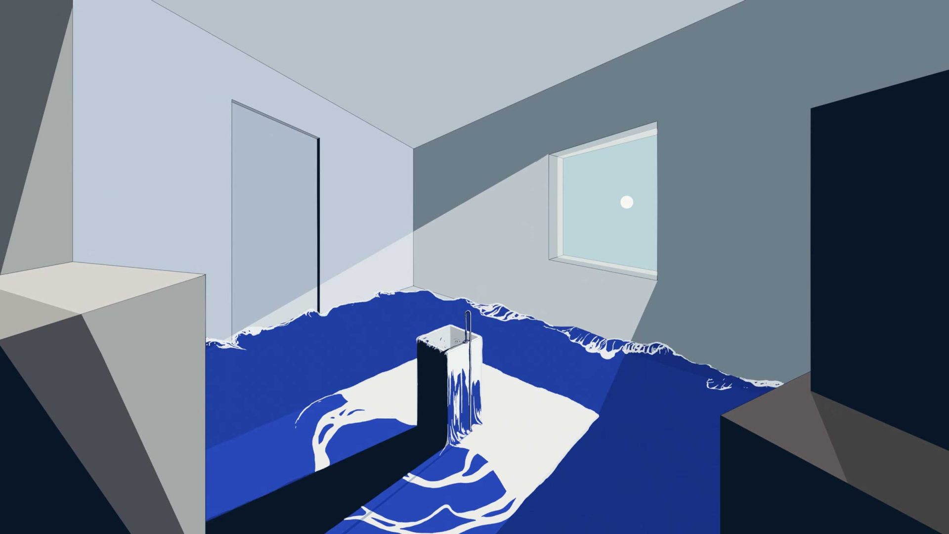 A minimalist room is partially flooded with blue water, sunlight streaming through a window. Water cascades down a central column, creating a surreal and calm atmosphere—perfect inspiration for a COLA animation or Short Film by Telsche. Frame from Stash Magazine article.
