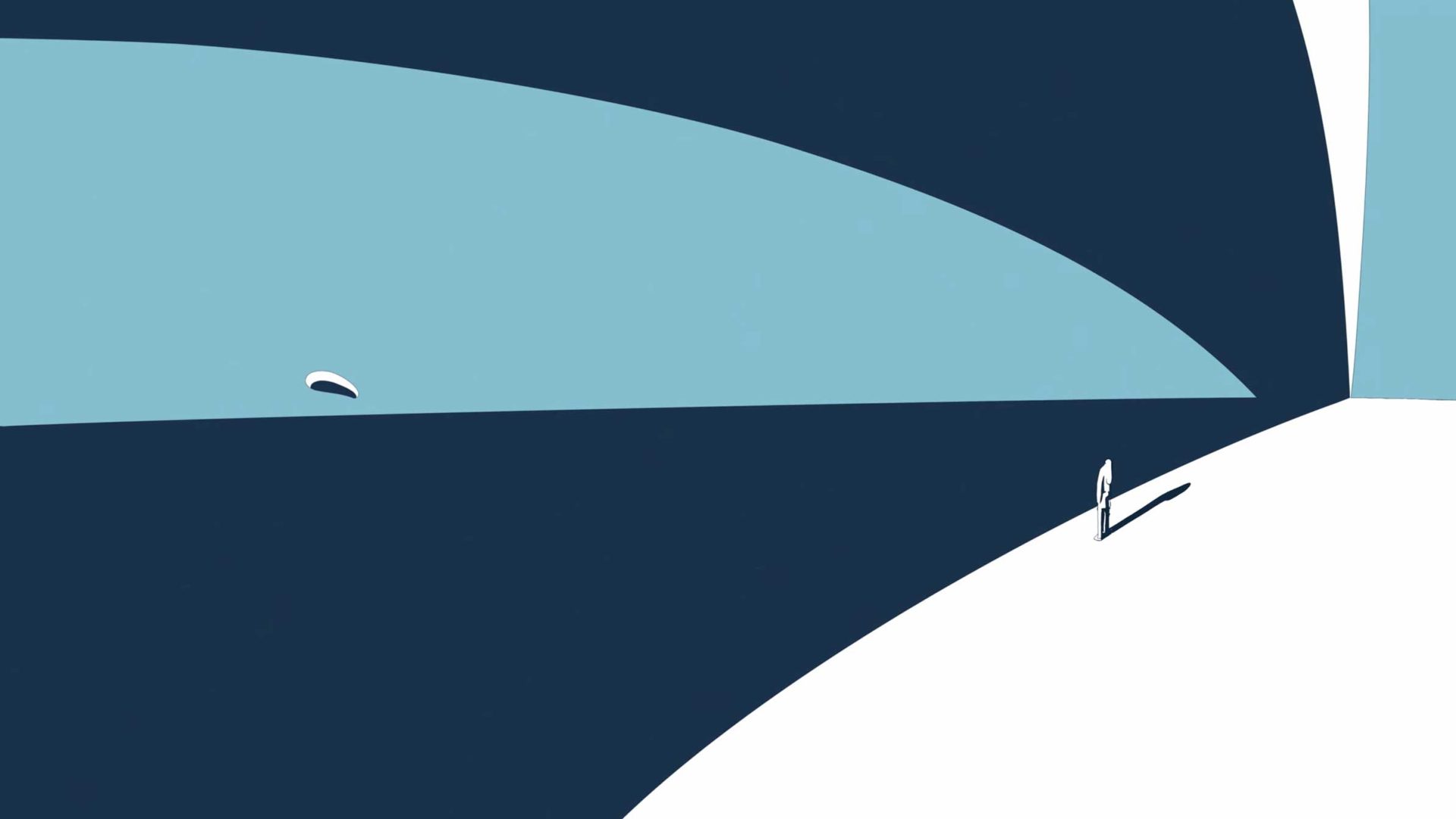 Minimalist illustration inspired by "Telsche" Short Film by Sophie Colfer & Ala Nunu and COLA animation—a person in white stands on a curved surface, gazing at a distant bird against geometric blue shapes in the sky. Frame from Stash Magazine article.