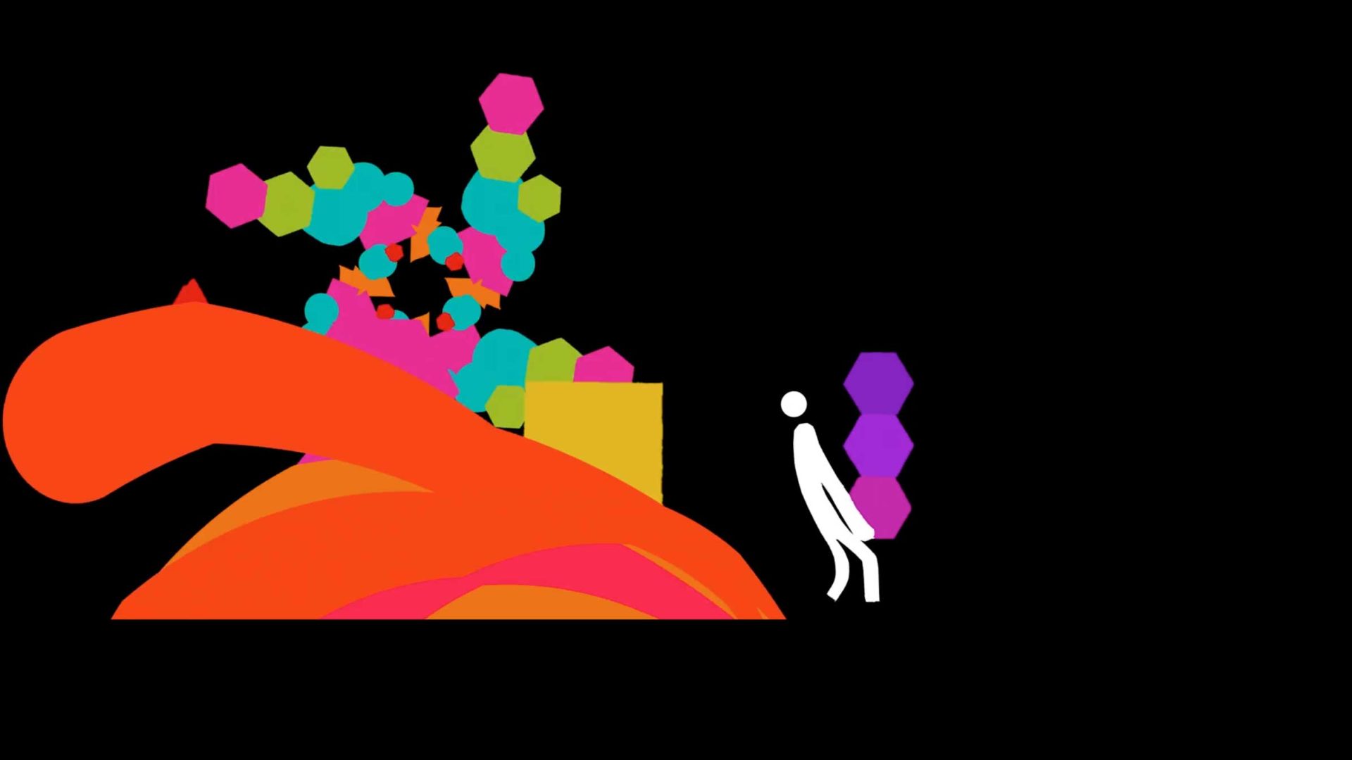 A minimalist illustration for Oh Studio's "Better Than This" shows a white stick figure holding three purple hexagons, facing colorful hexagons, rectangles, and curved orange shapes on a black background. Frame from Stash Magazine article.
