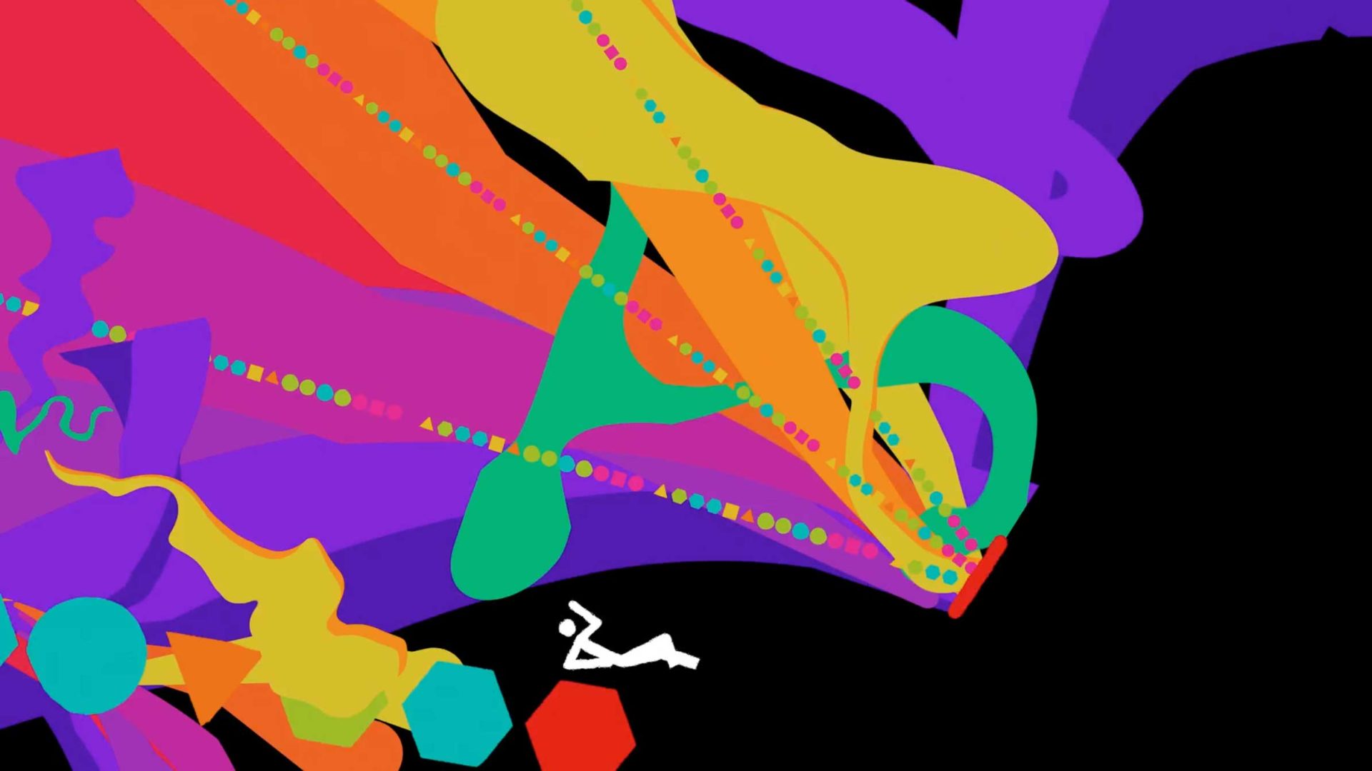 Abstract digital artwork by Oh Studio with bold, colorful shapes and lines on a black background. Features wavy bands of orange, yellow, purple, and green, dotted lines, geometric forms, and a small white figure near the bottom center. Better Than This. Frame from Stash Magazine article.